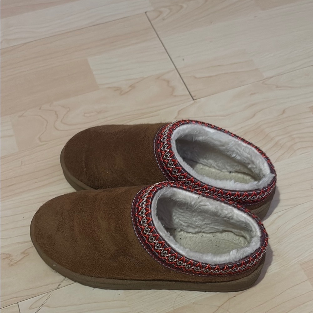 Cozy Brown Slippers with Red Trim